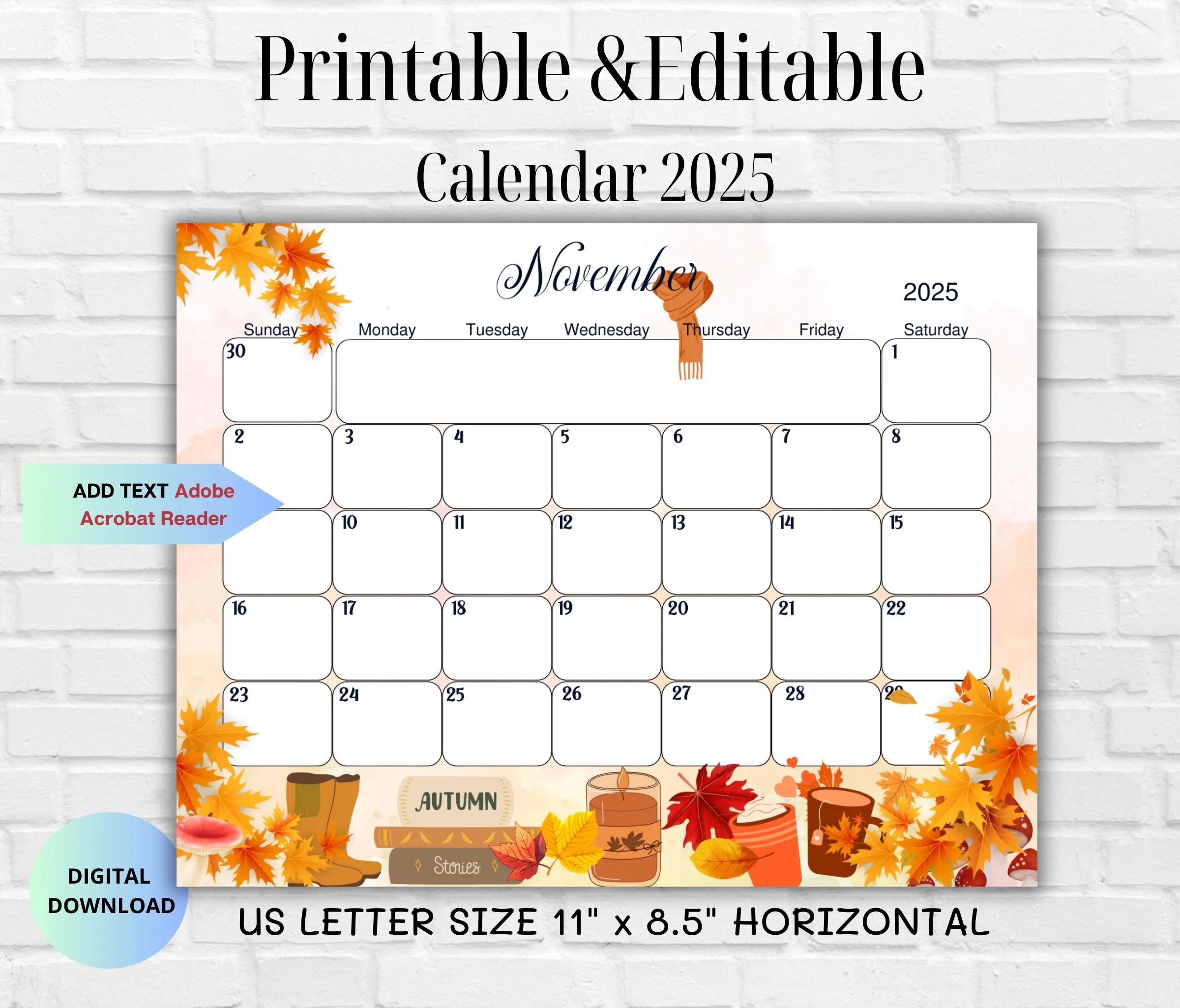 Editable November 2025 Printable Calendar autumn Monthly Planner classroom family Calendar Fillable us Letter Instant Download Start sunday Etsy