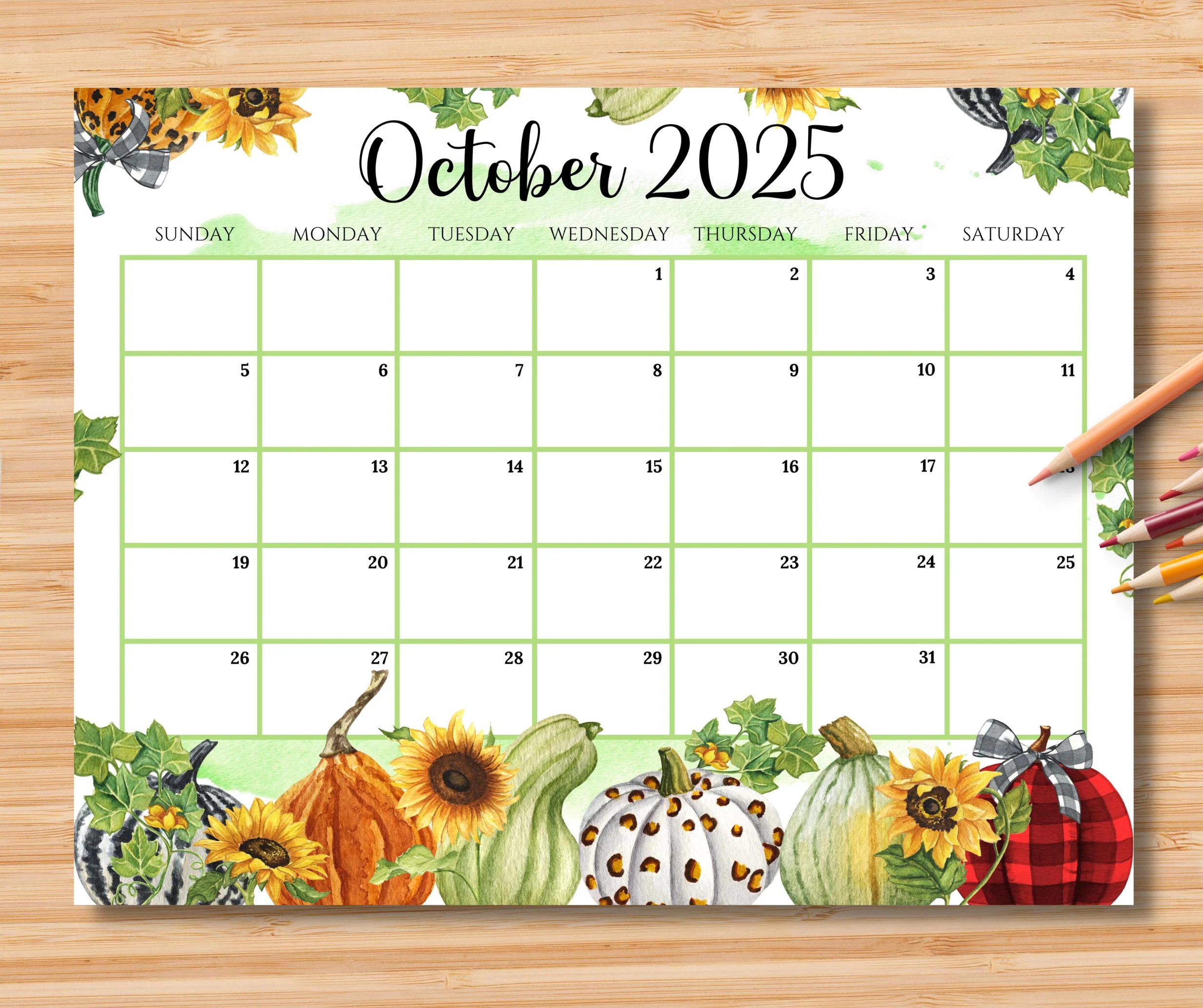 EDITABLE October 2025 Calendar Beautiful Autumn With Colorful Pumpkins Planner Printable Monthly Calendar For Kid School Home Work Office Etsy