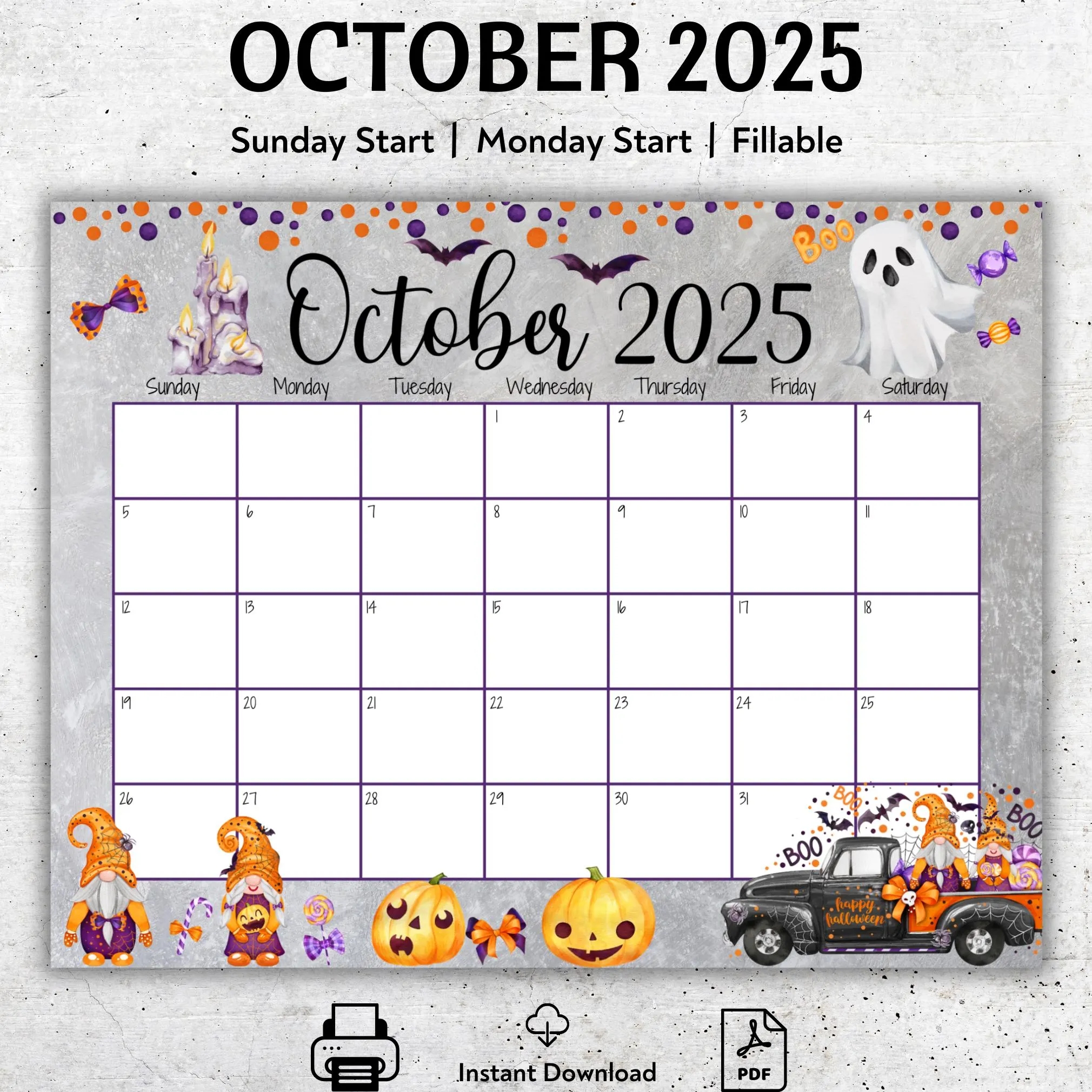 EDITABLE October 2025 Calendar Happy Halloween Pretty Ghost Cute Pumpkins Printable Fillable Planner Kids Weekly Schedule PDF Etsy