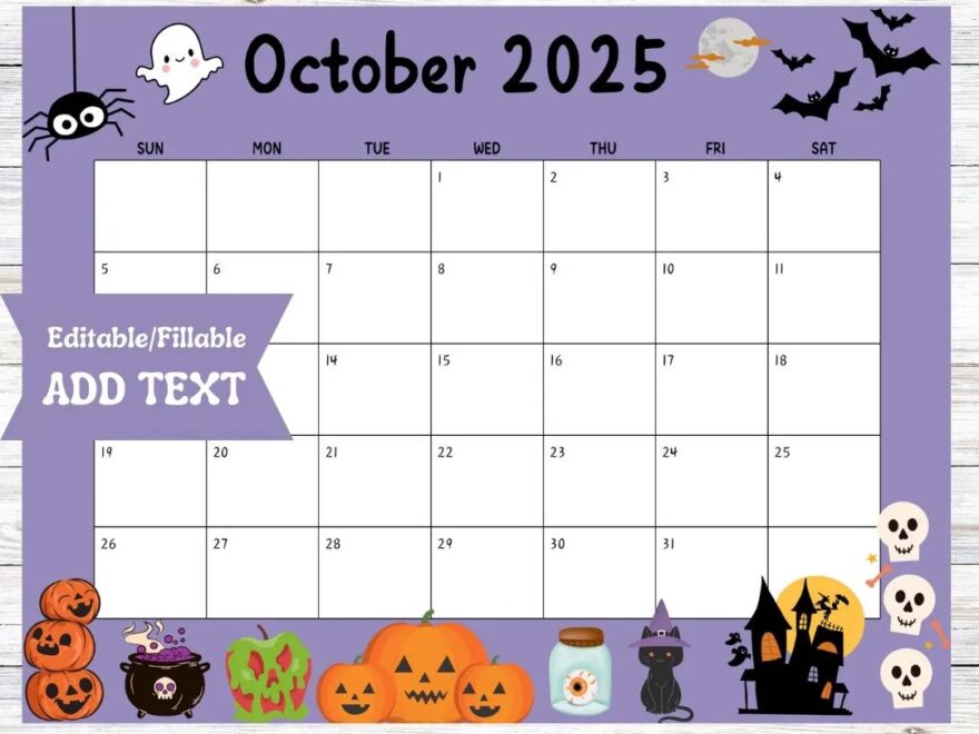 Editable October 2025 Calendar Printable Fillable Digital Download Fall Planner School Office Template Halloween Black Spooky Ghost Etsy