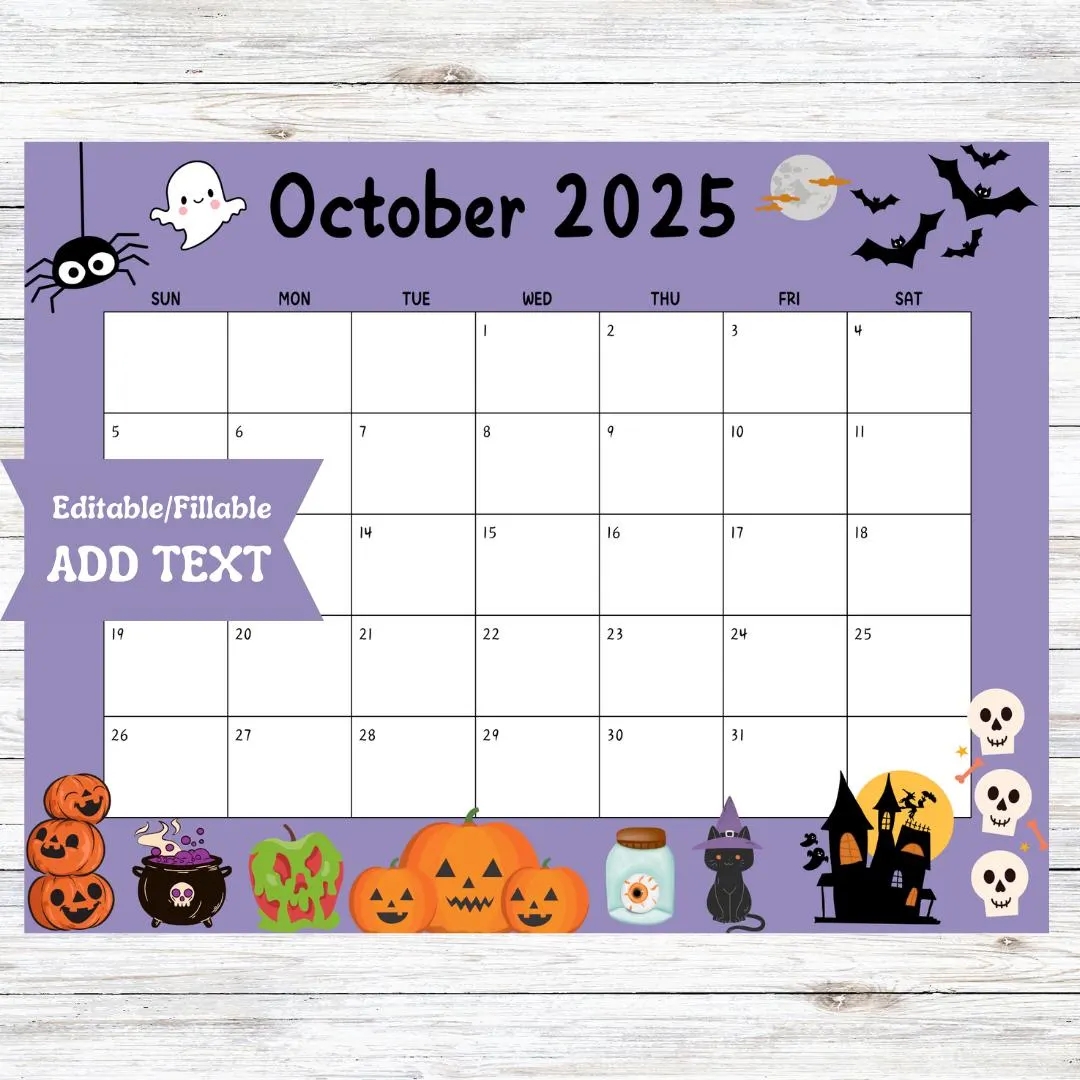 Editable October 2025 Calendar Printable Fillable Digital Download Fall Planner School Office Template Halloween Black Spooky Ghost Etsy
