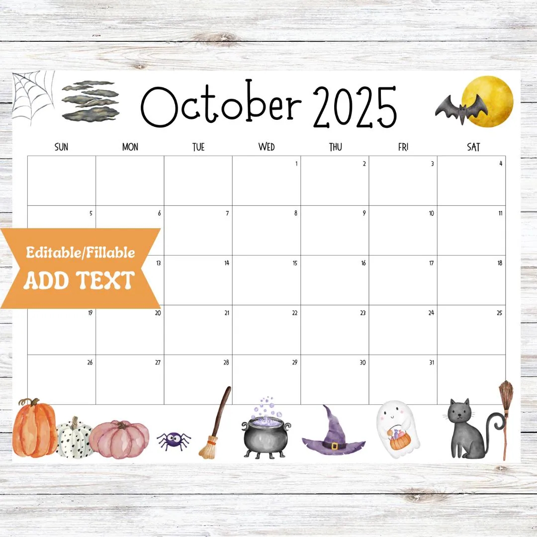 Editable October 2025 Calendar Printable Fillable Digital Download Halloween School Office Activity Planner Fall Spooky Cute Cats Bats Etsy
