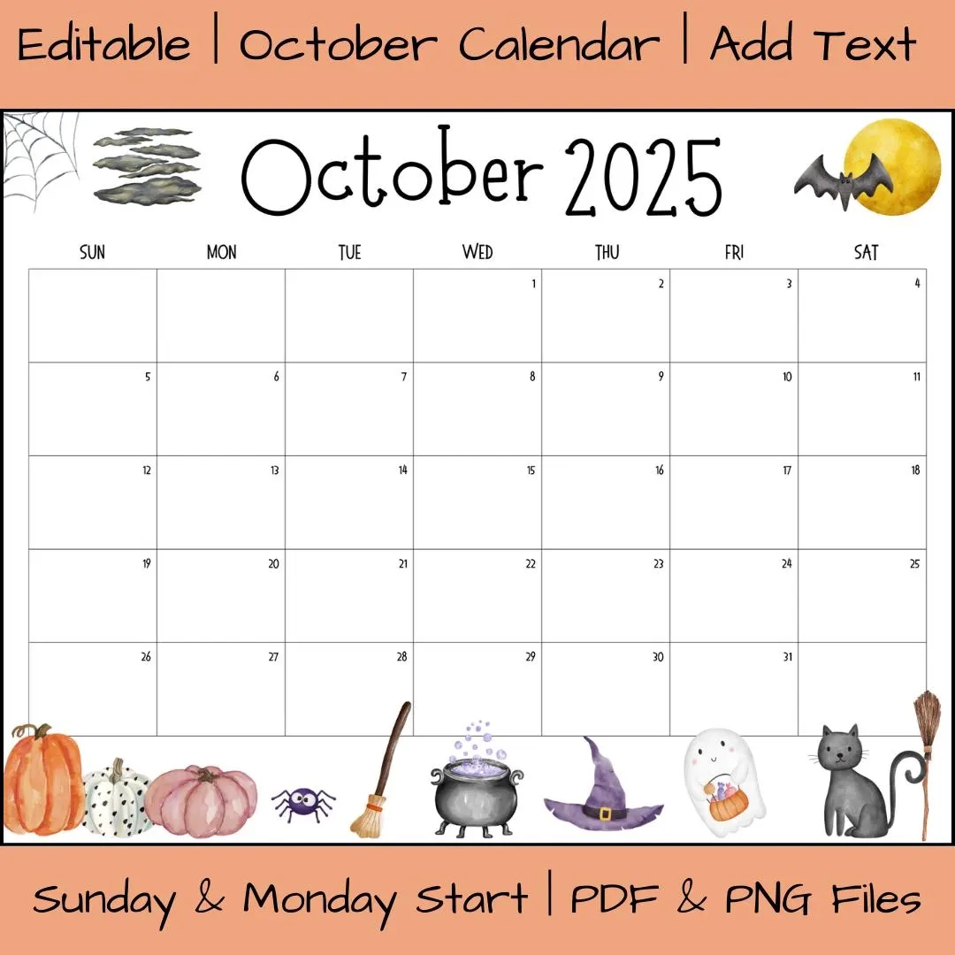 Editable October 2025 Calendar Printable Fillable Digital Download Halloween School Office Activity Planner Fall Spooky Cute Cats Bats Etsy
