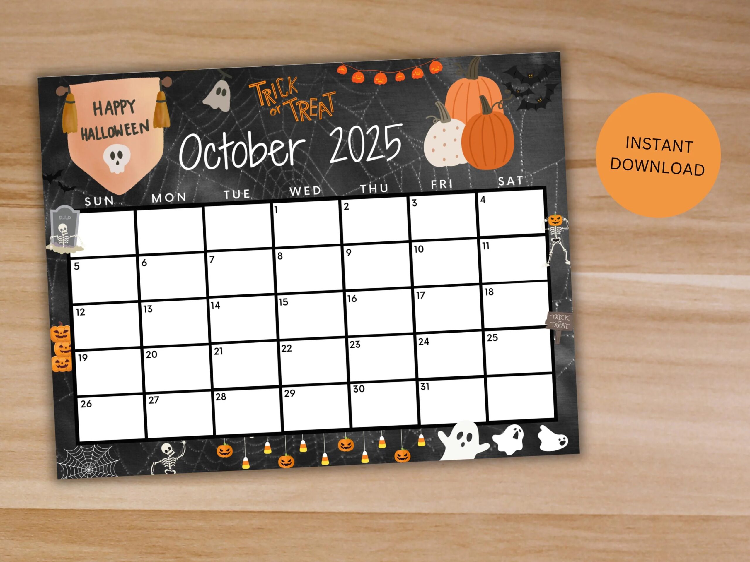 Editable October 2025 Calendar Printable Happy Halloween Calendar W Ghost And Pumpkins Scary Trick Or Treat Calendar Monthly Calendar Etsy