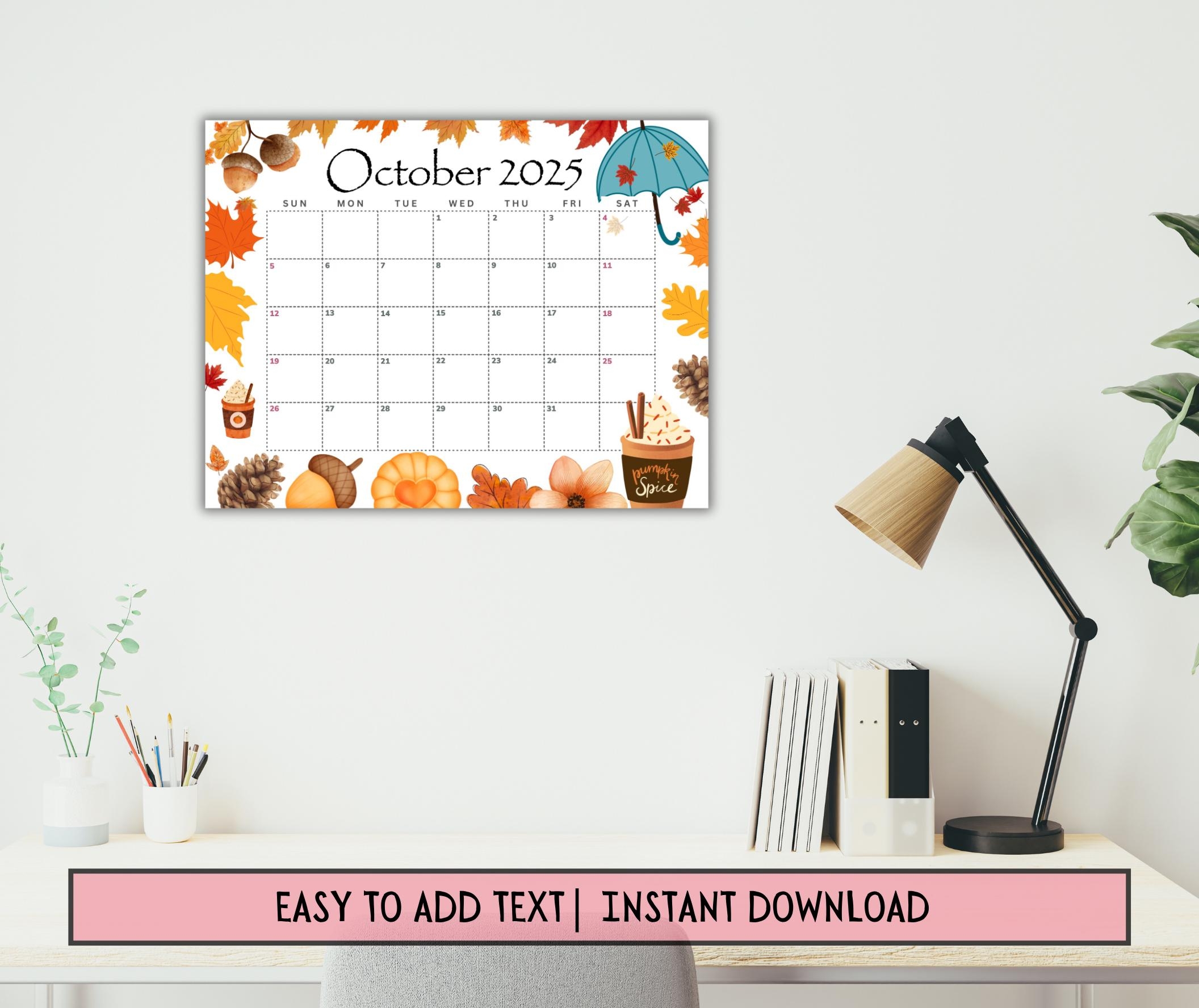 EDITABLE October 2025 Calendar Printable Monthly Calendar For October Fall Calendar Classroom Calendar 2025 Oct Calendar Autumn Etsy Norway