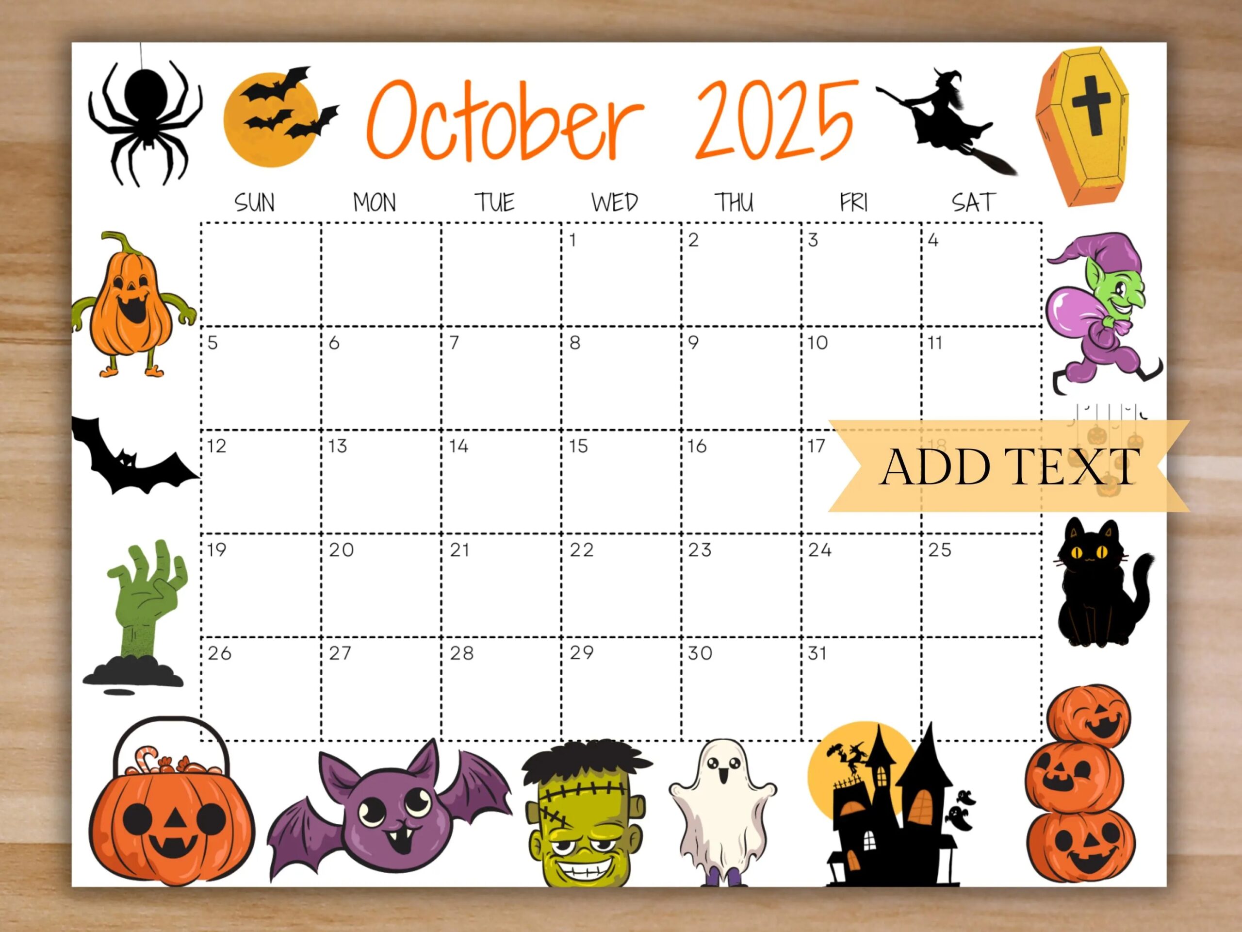 Editable October 2025 Calendar Printable Spooky Halloween Calendar Trick Or Treat Cute School Calendar Monthly Planner Orange And White Etsy