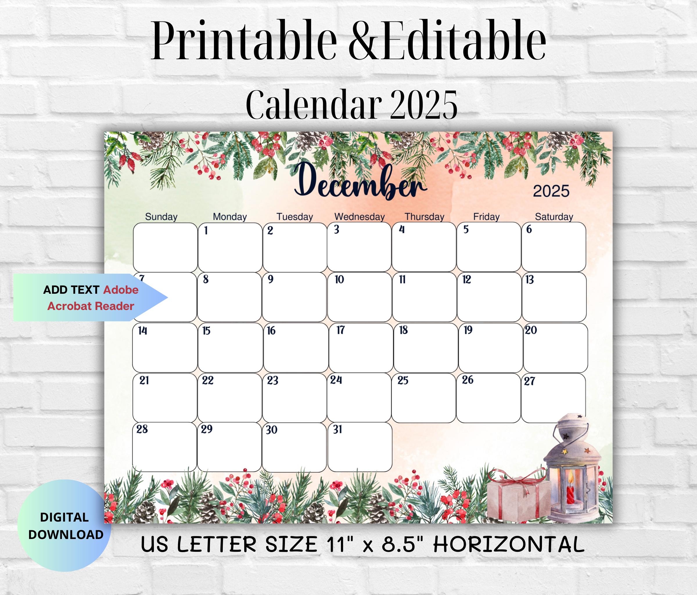 Editable Printable December 2025 Calendar winter Flower Monthly Planner family Schedule family Calendar home Management Etsy