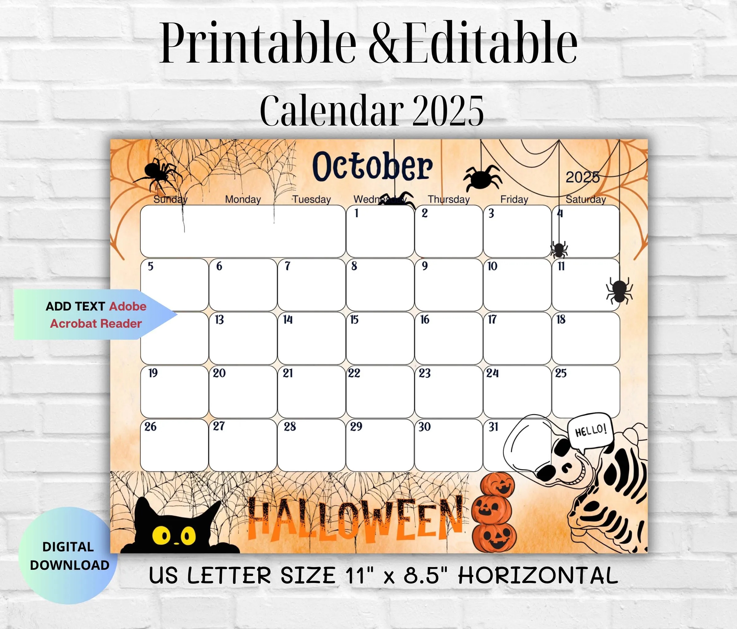 Editable Printable October 2025 Calendar cute Spooky Halloween 2025 Planner autumn Printable Editable Calendar For Kids Instant Download Etsy