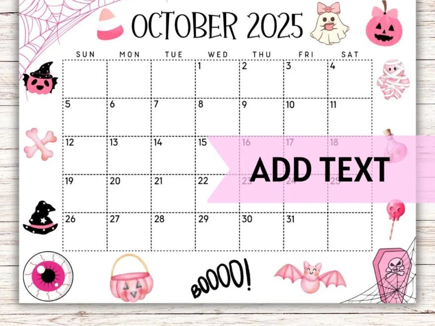 EDITABLE Printable October 2025 Calendar Cute Spooky Pink Halloween Calendar Pink Halloween Calendar W Cob Webs Monthly Calendar Etsy