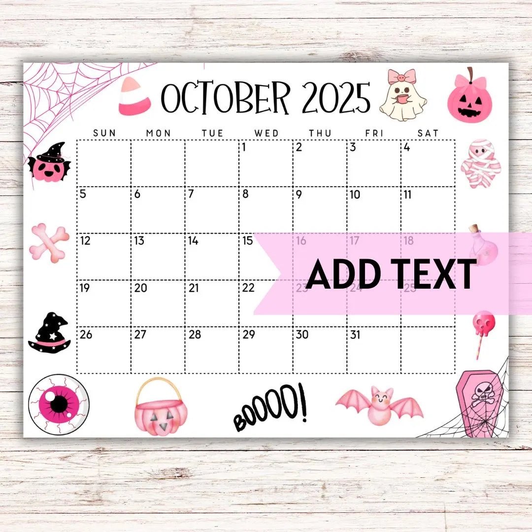 EDITABLE Printable October 2025 Calendar Cute Spooky Pink Halloween Calendar Pink Halloween Calendar W Cob Webs Monthly Calendar Etsy