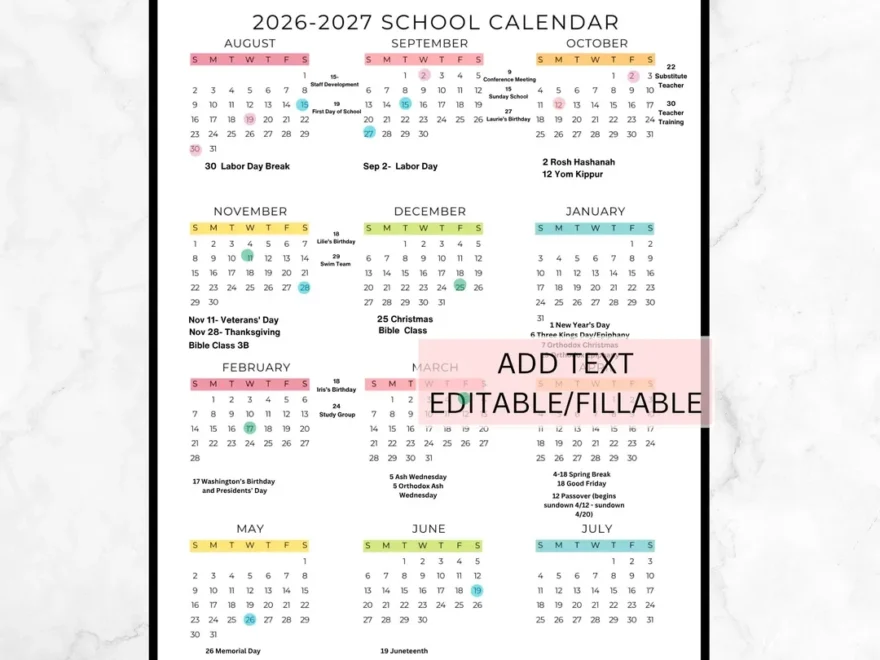Editable School Year Calendar 2026 2027 School Calendar Printable 2026 2027 Academic Year At a glance Calendar Digital Download Preschool Etsy