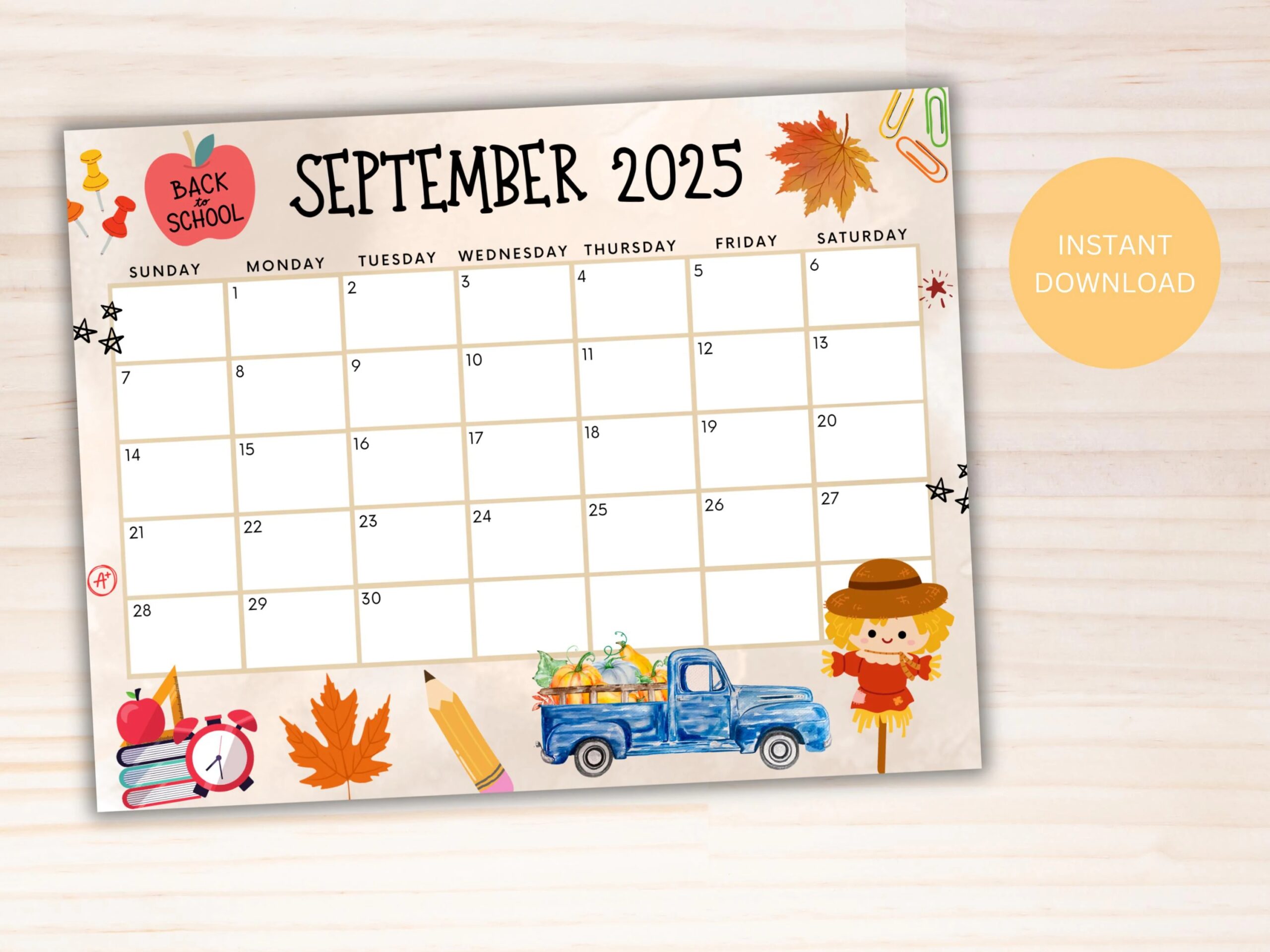 Editable September 2025 Calendar Cute Printable Calendar Back To School Fall Calendar W Apple And Scarecrow Monthly Calendar Homeschool Etsy