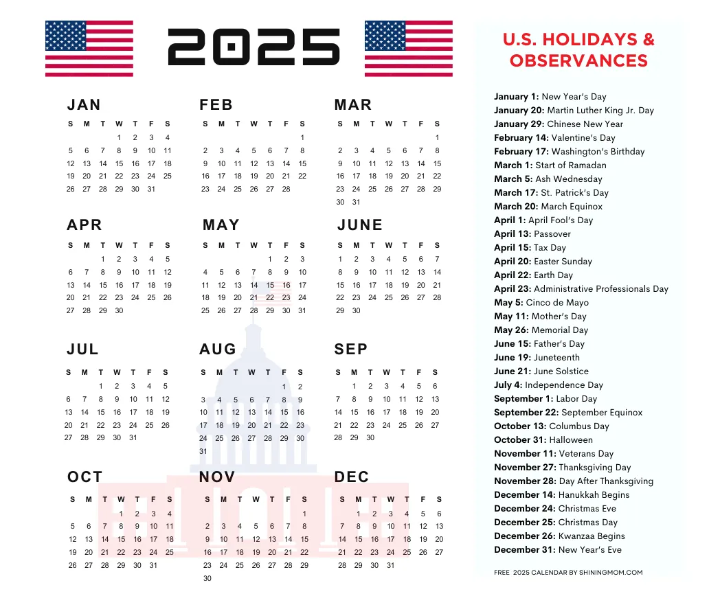 Free 2025 Calendar With Holidays In The USA