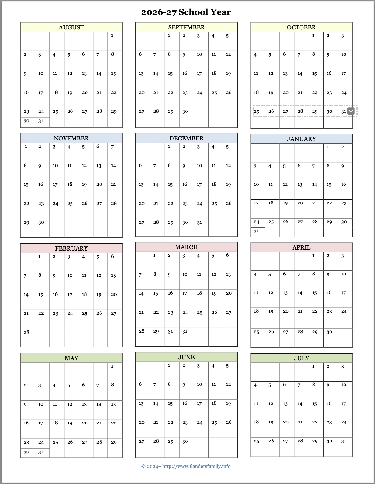 Free Holiday Colorable Printable Calendar 2026