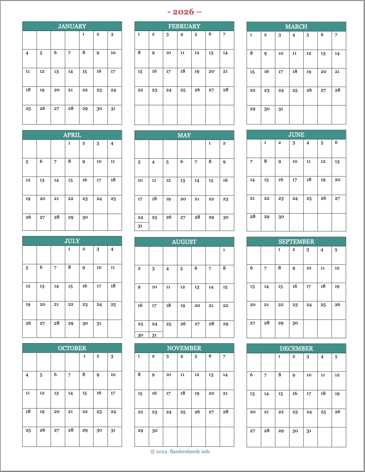 2026 Printable Calendar Starting Sunday