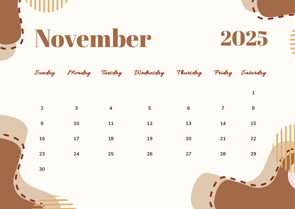 Free Aesthetic November 2025 Coloring Calendar Template To Edit Online