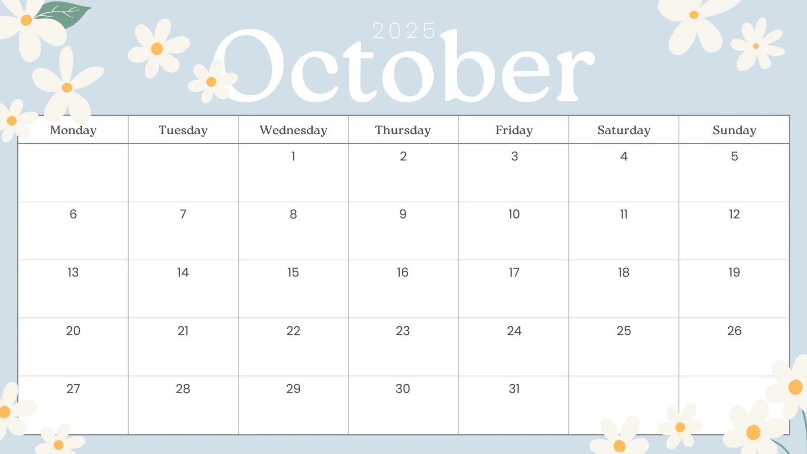 October Calendar 2025 Printable