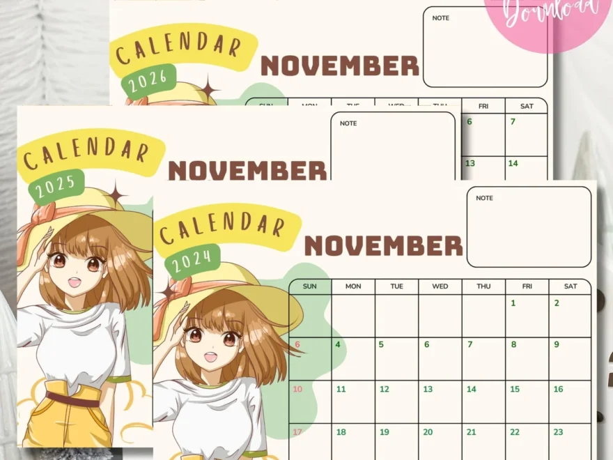 Free Anime Hand Drawn November Calendar 2024 2026 Yellow Ivory Printable PDF SarsariCreations