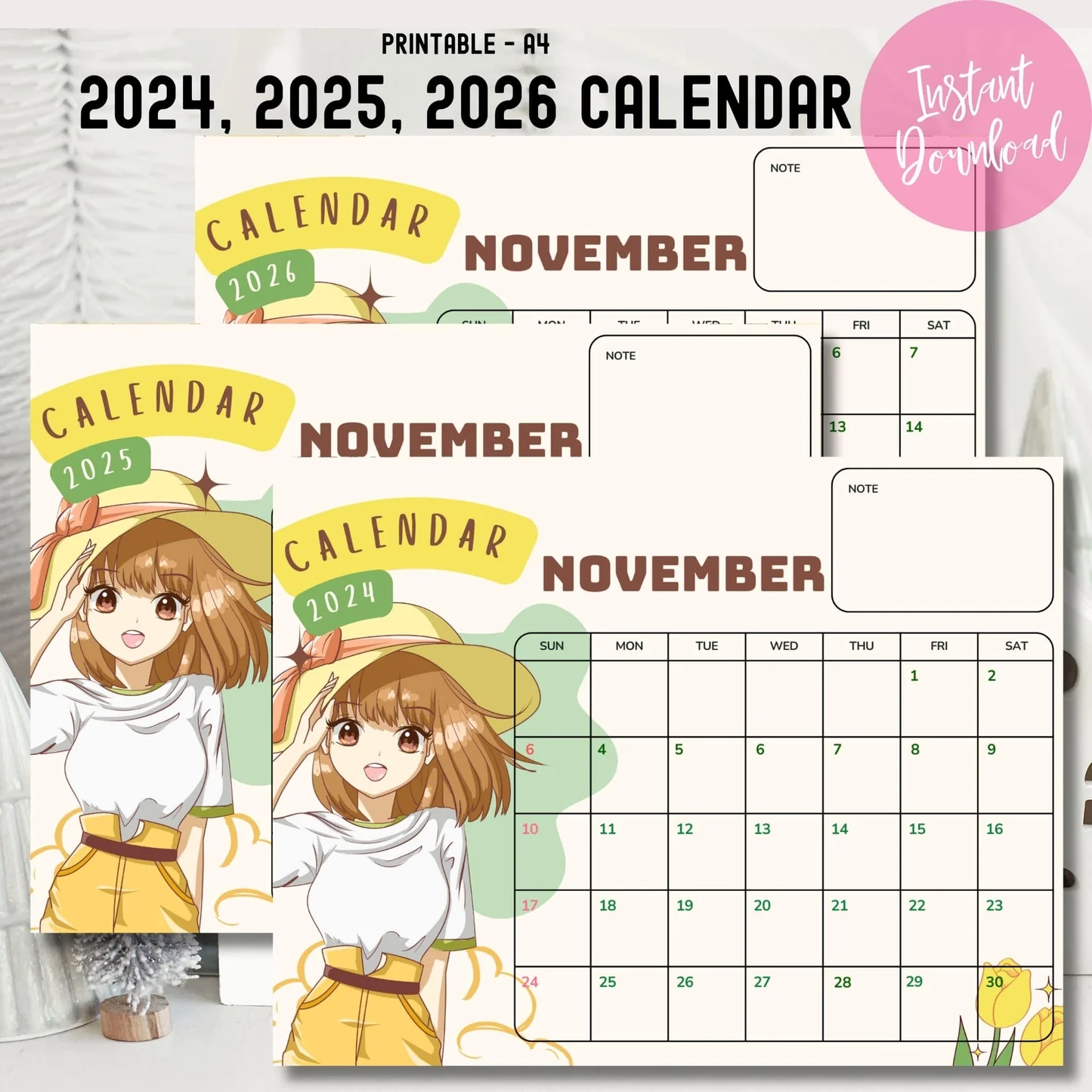  Free Anime Hand Drawn November Calendar 2024 2026 Yellow Ivory Printable PDF SarsariCreations