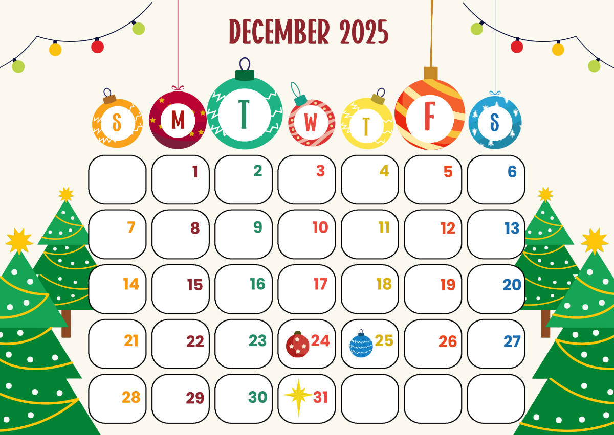 Editable Calendar December 2025