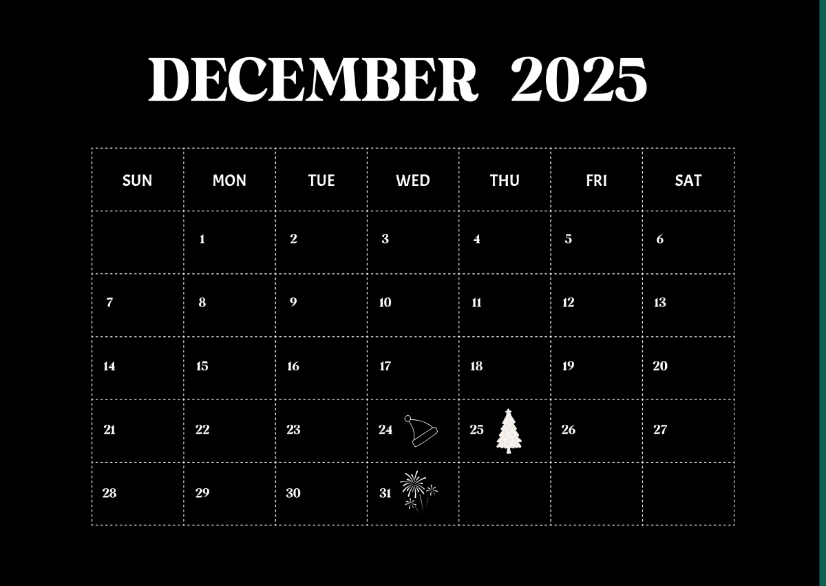 Free Black And White December 2025 Calendar Template To Edit Online