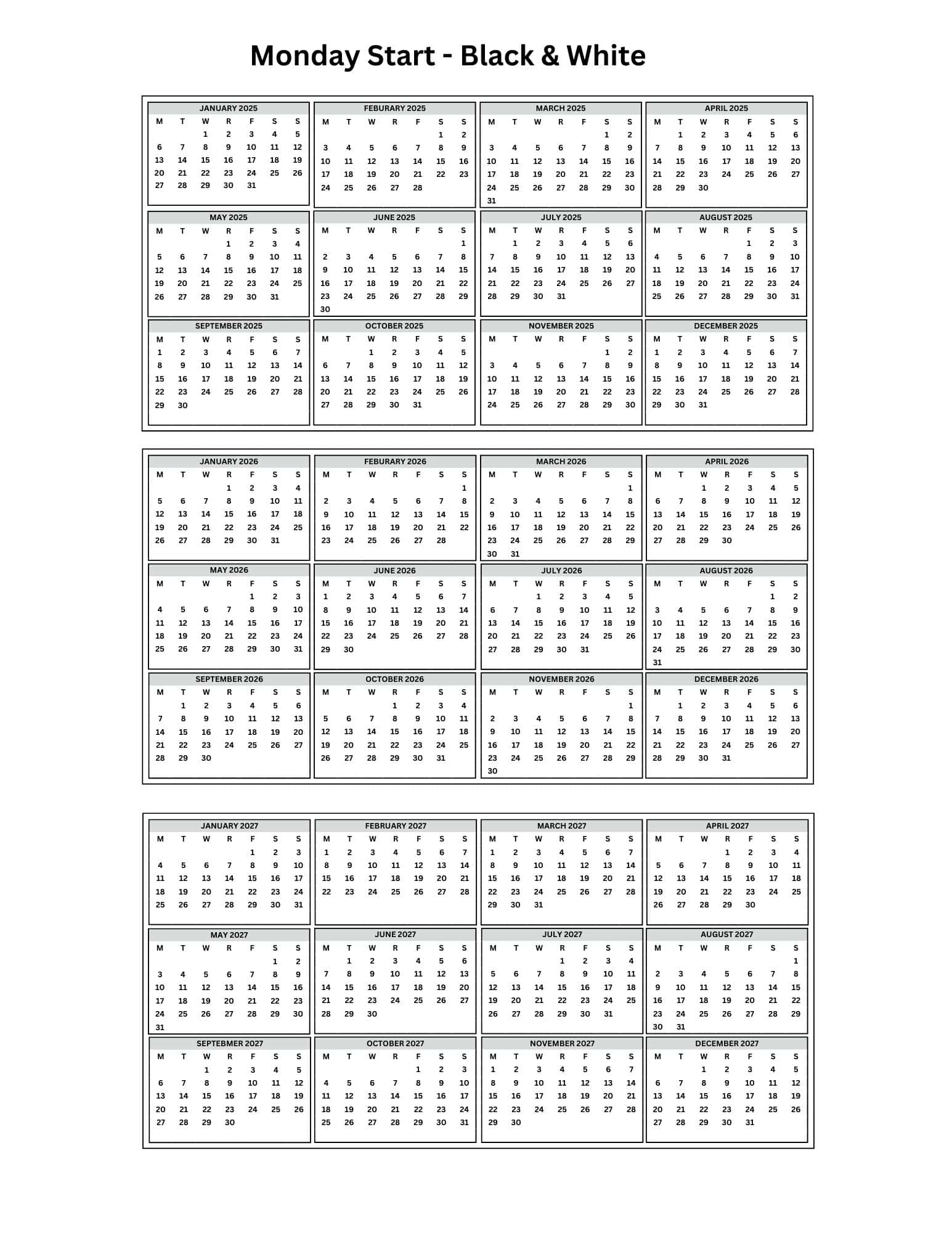 2026 Mini Printable Calendar Checkbook Size