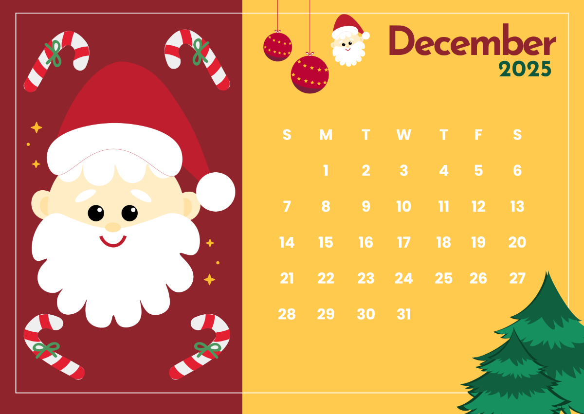 Free Cute December 2025 Calendar Printable Template To Edit Online