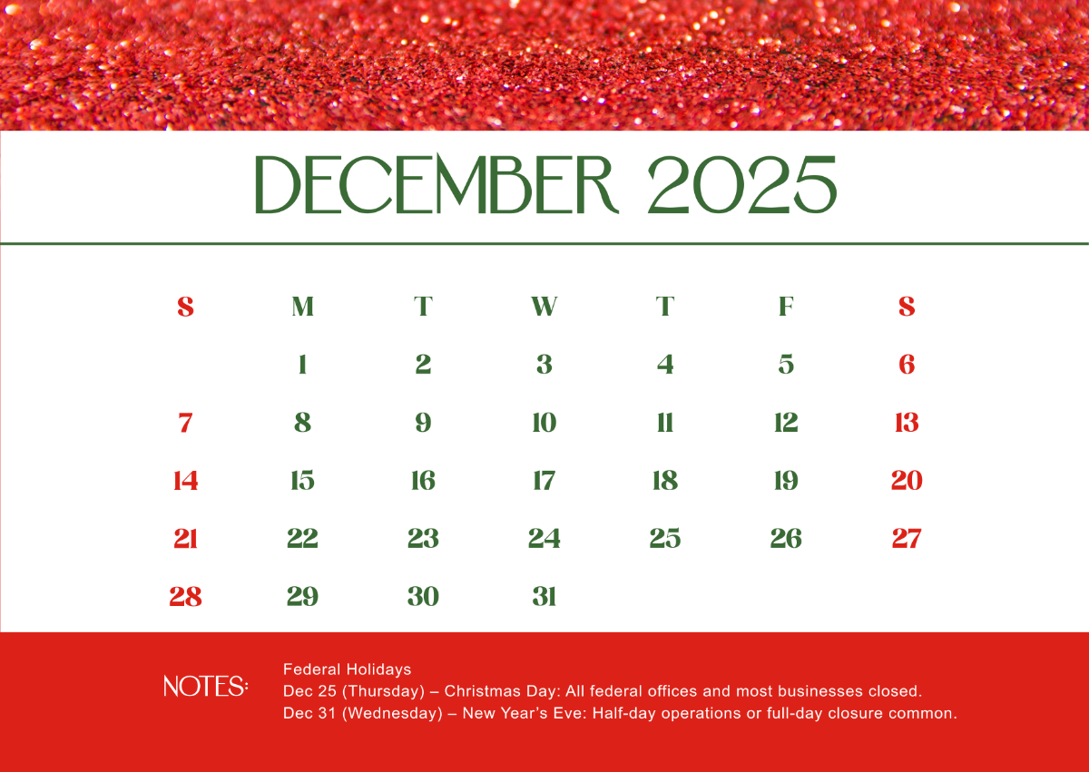 Free December 2025 Business Day Calendar Template To Edit Online