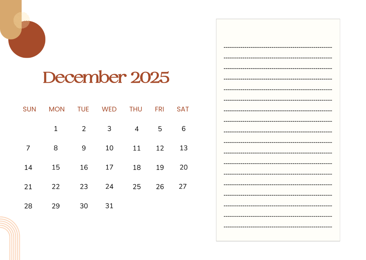 Free December 2025 Calendar With Lined Note Pad Template To Edit Online