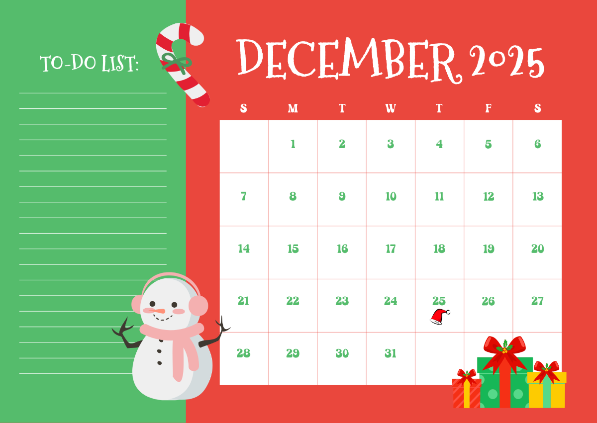 Free December 2025 Calendar With To Do List Template To Edit Online