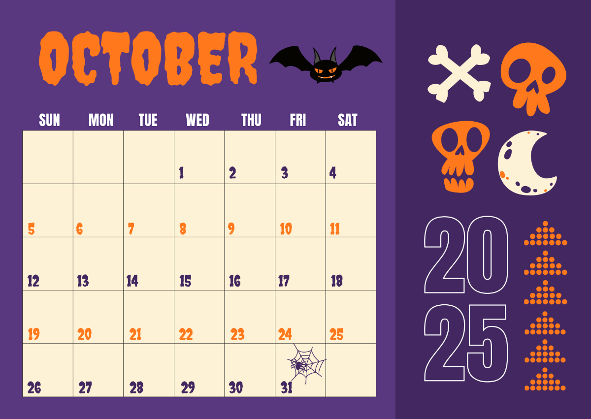 Free Modern October 2025 Halloween Calendar Template To Edit Online