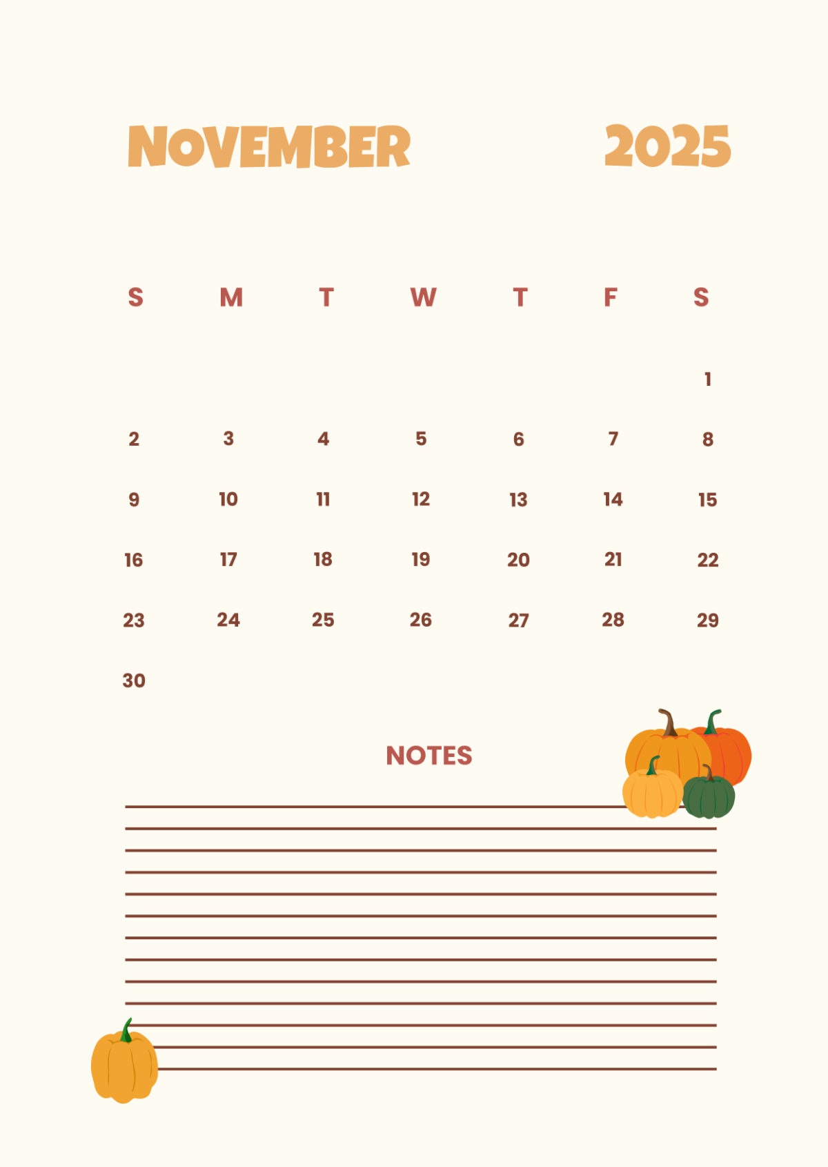 Free November 2025 Calendar With Notes Template To Edit Online