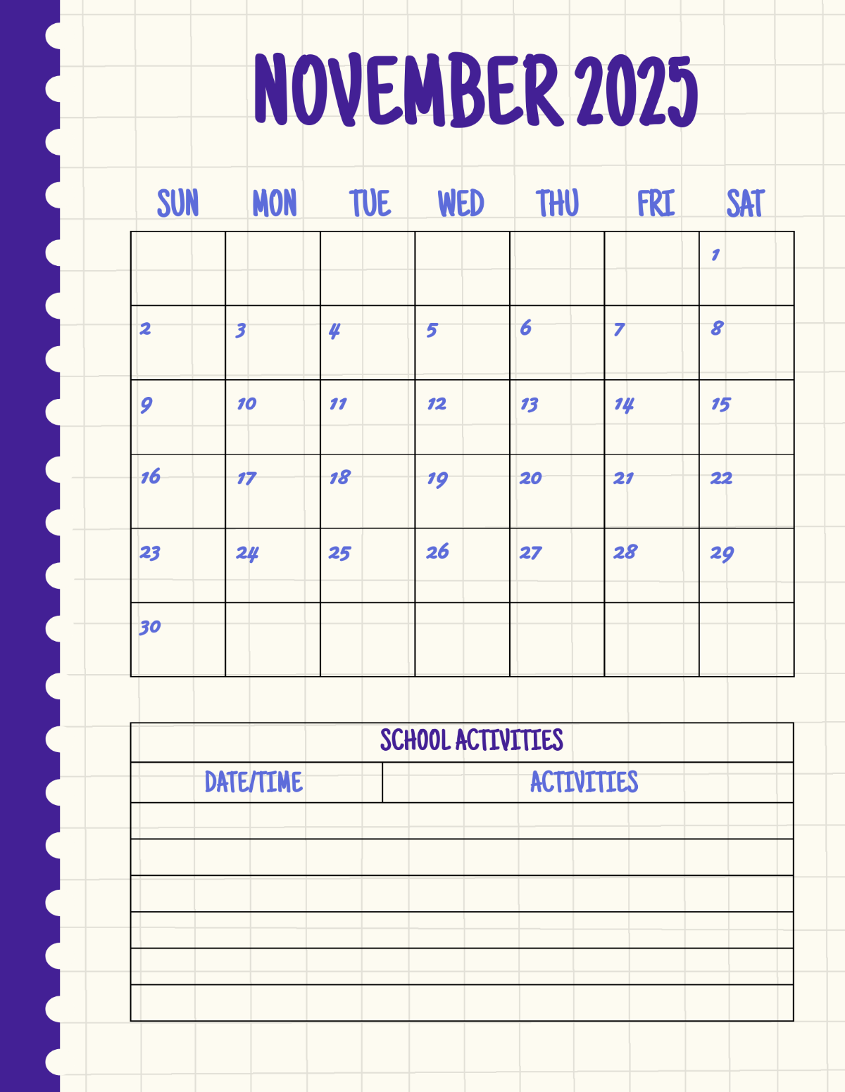 Free November 2025 School Calendar Template To Edit Online