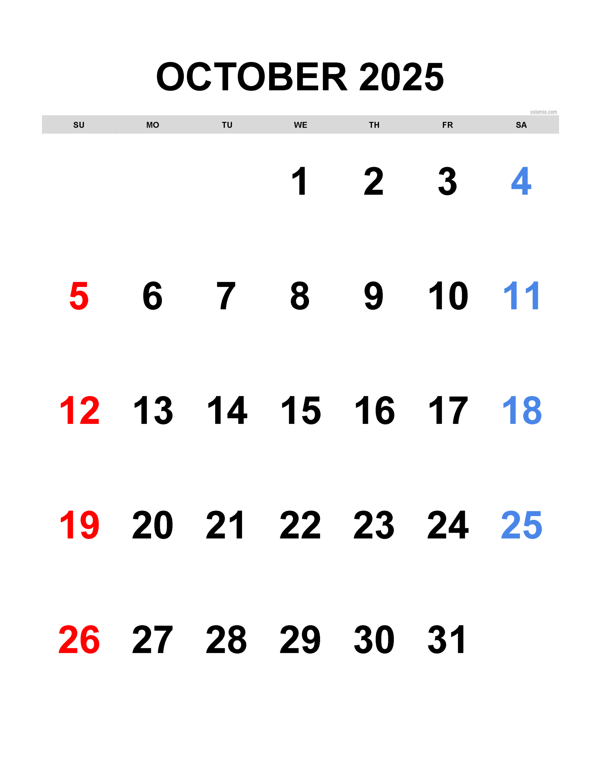 Free October 2025 Calendar Printable PDF XLS PNG Formats