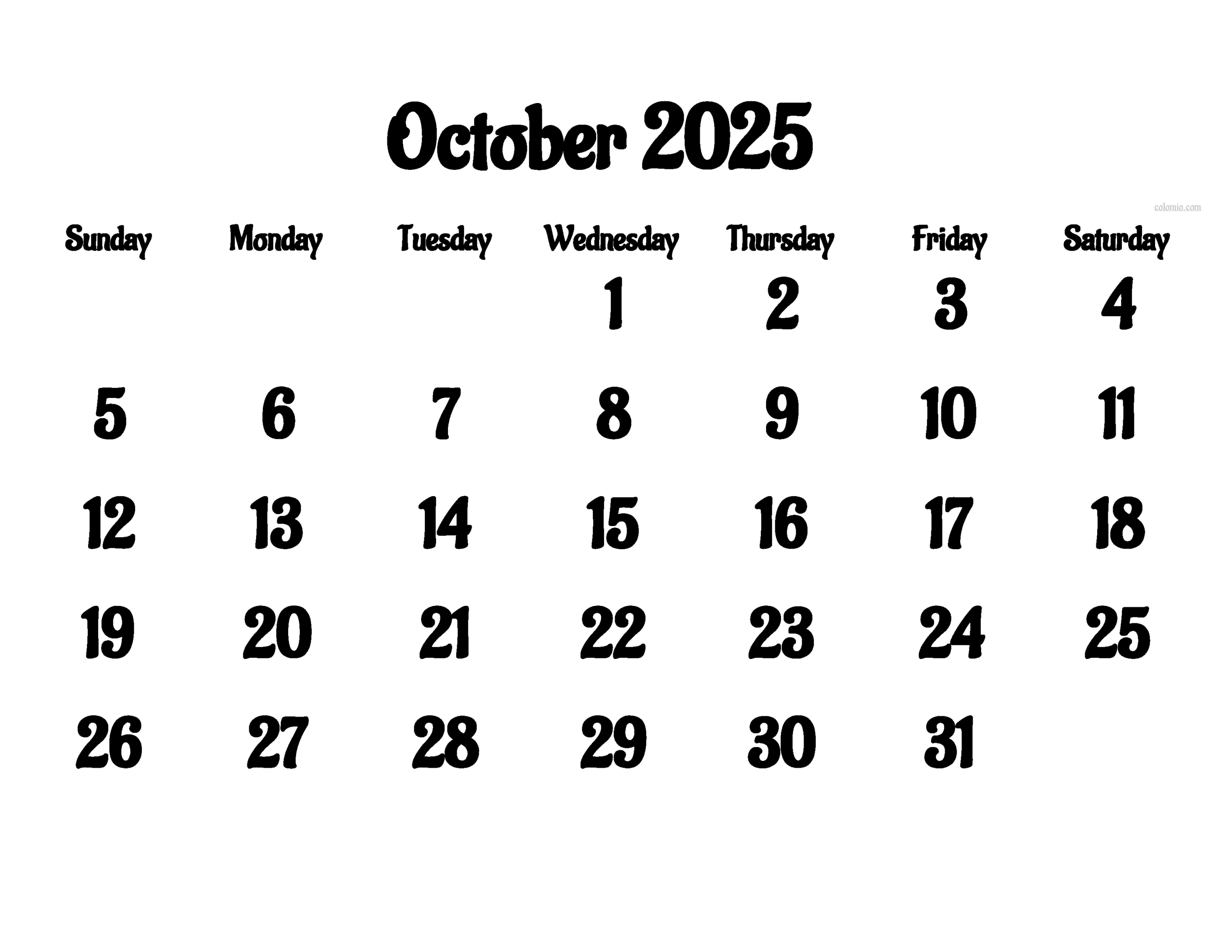 free october 2025 calendar printable pdf xls png formats