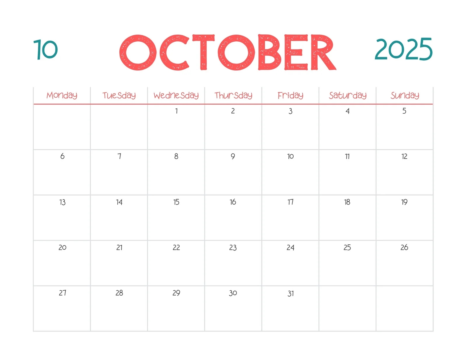 October 2025 Calendar Desktop
