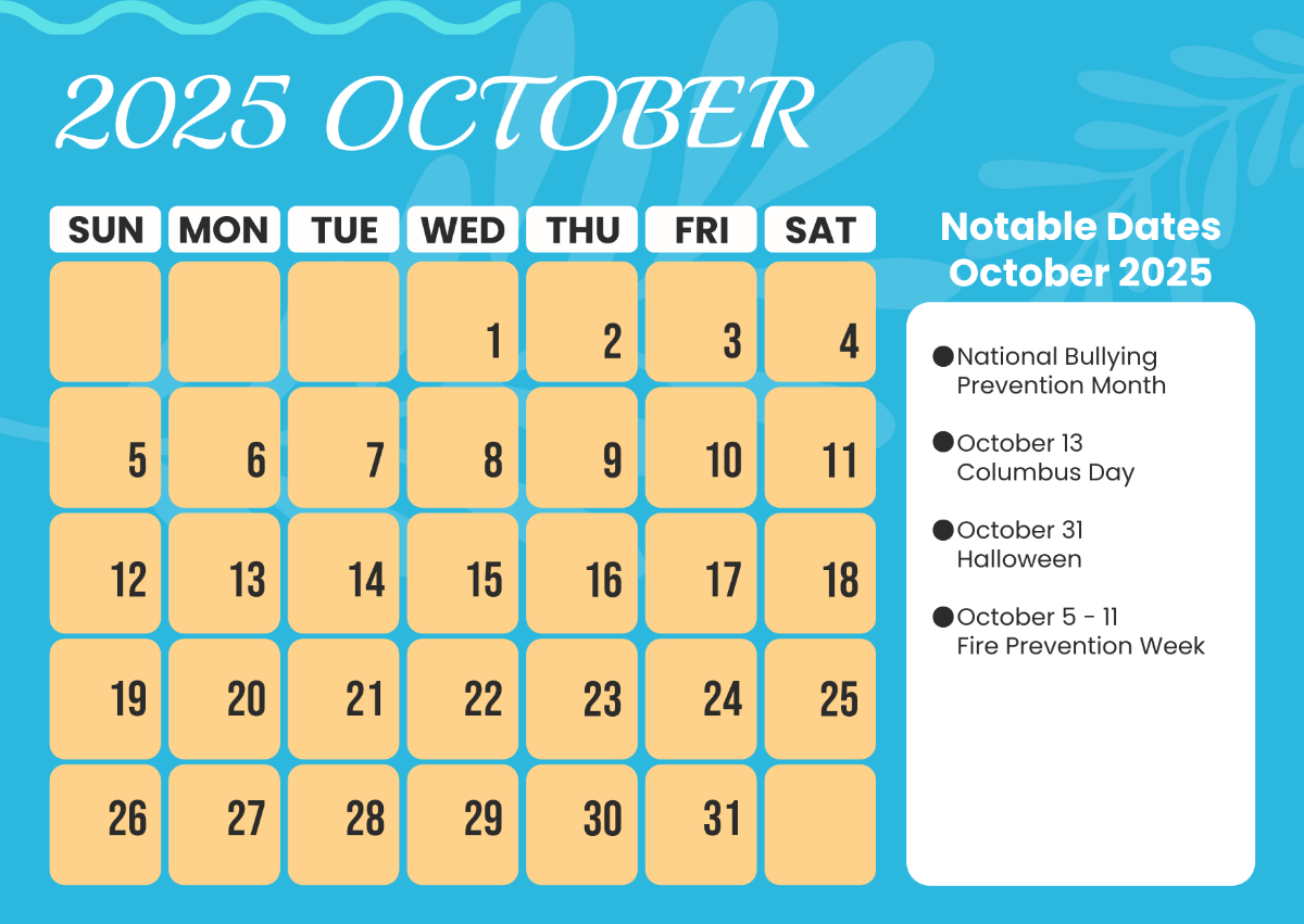 October 2025 Calendar Editable
