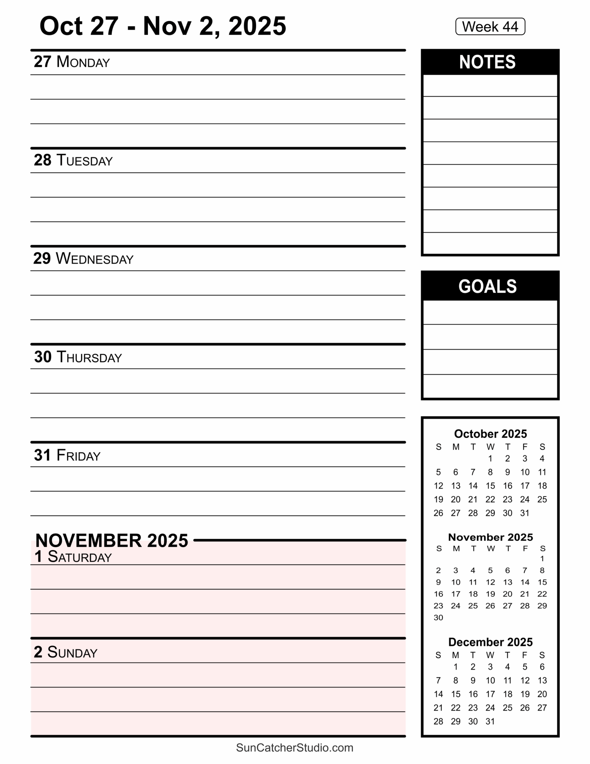 Weekly Calendar Printable November 2025