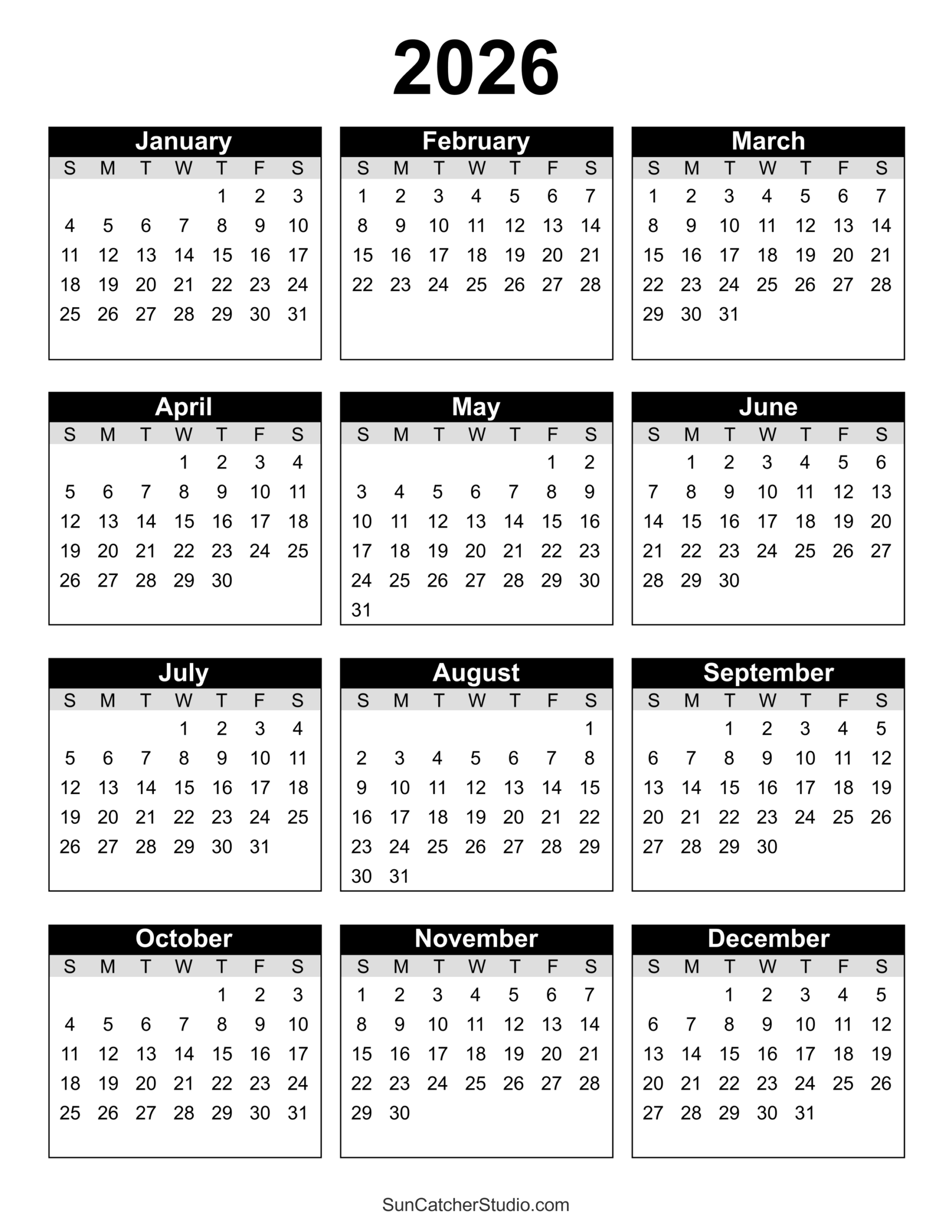 2026 Free Printable Calendar Portrait