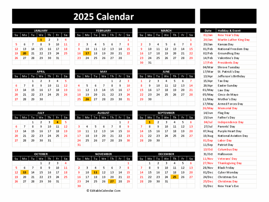 Free Printable Calendar 2025 Word PDF Excel