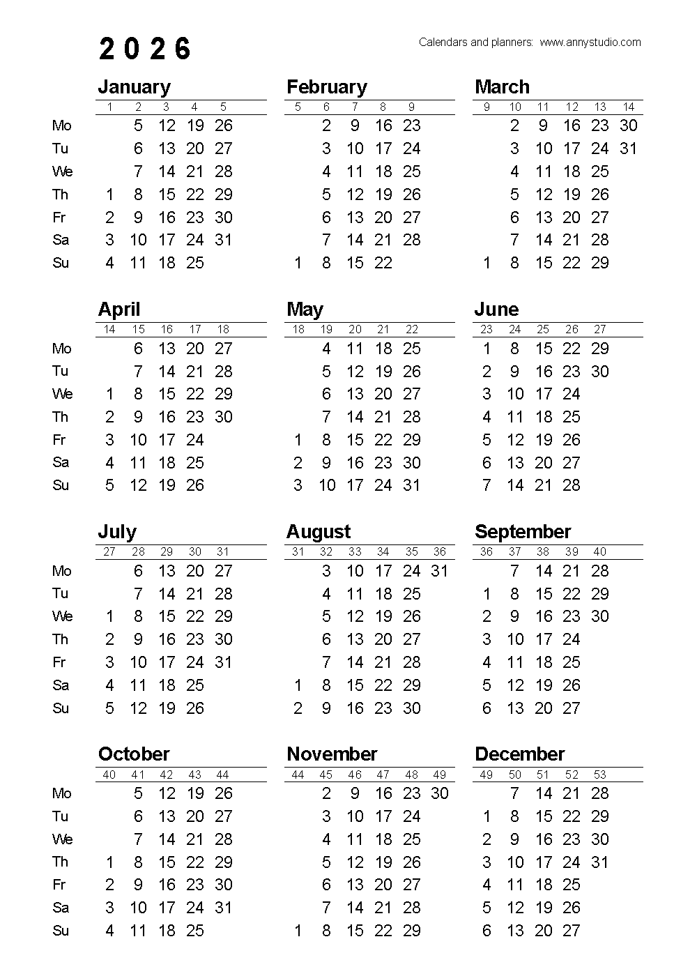 Printable 2026 Weekly Calendar