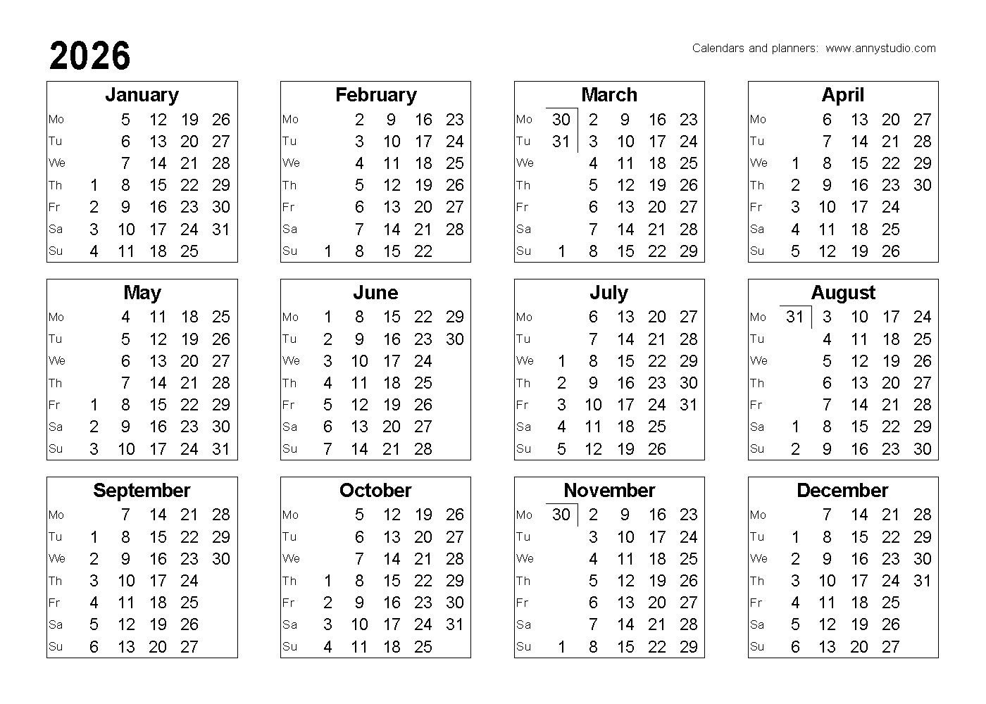 A6 2026 Calendar Weekly Printable Free