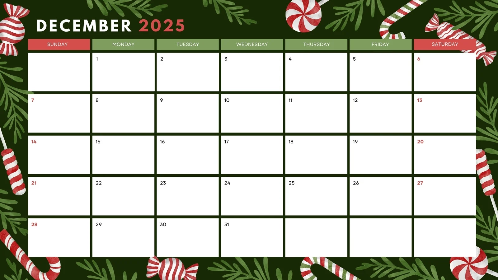 2025 Blank December Calendar