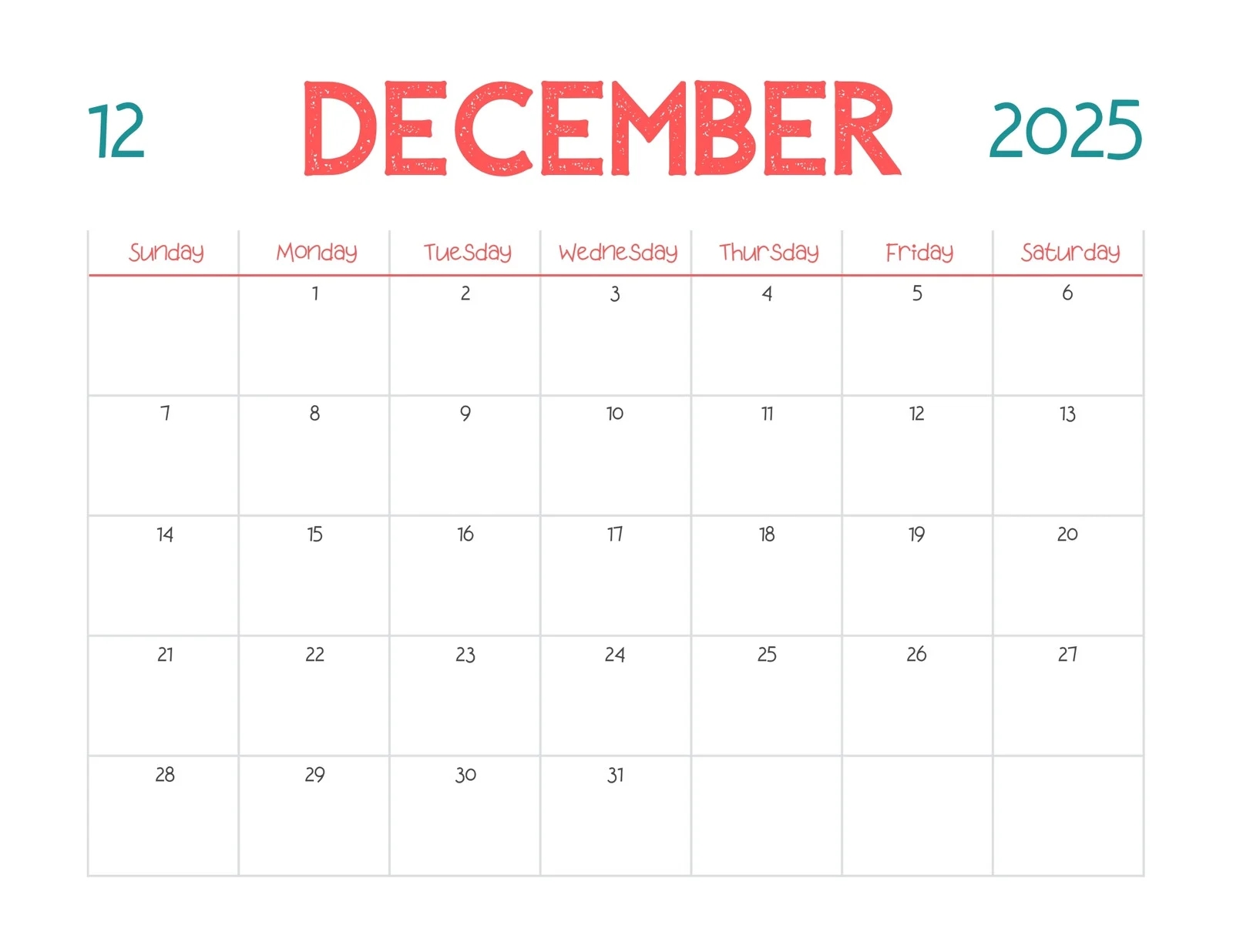 Free Printable December 2025 Calendar Templates Canva