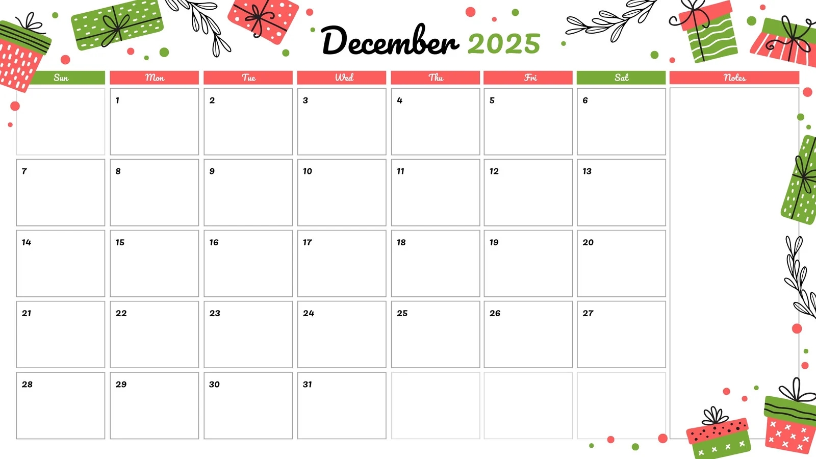 2025 December Calendar Printable