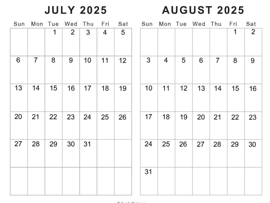 Free Printable July August 2025 Calendar Calendarkart
