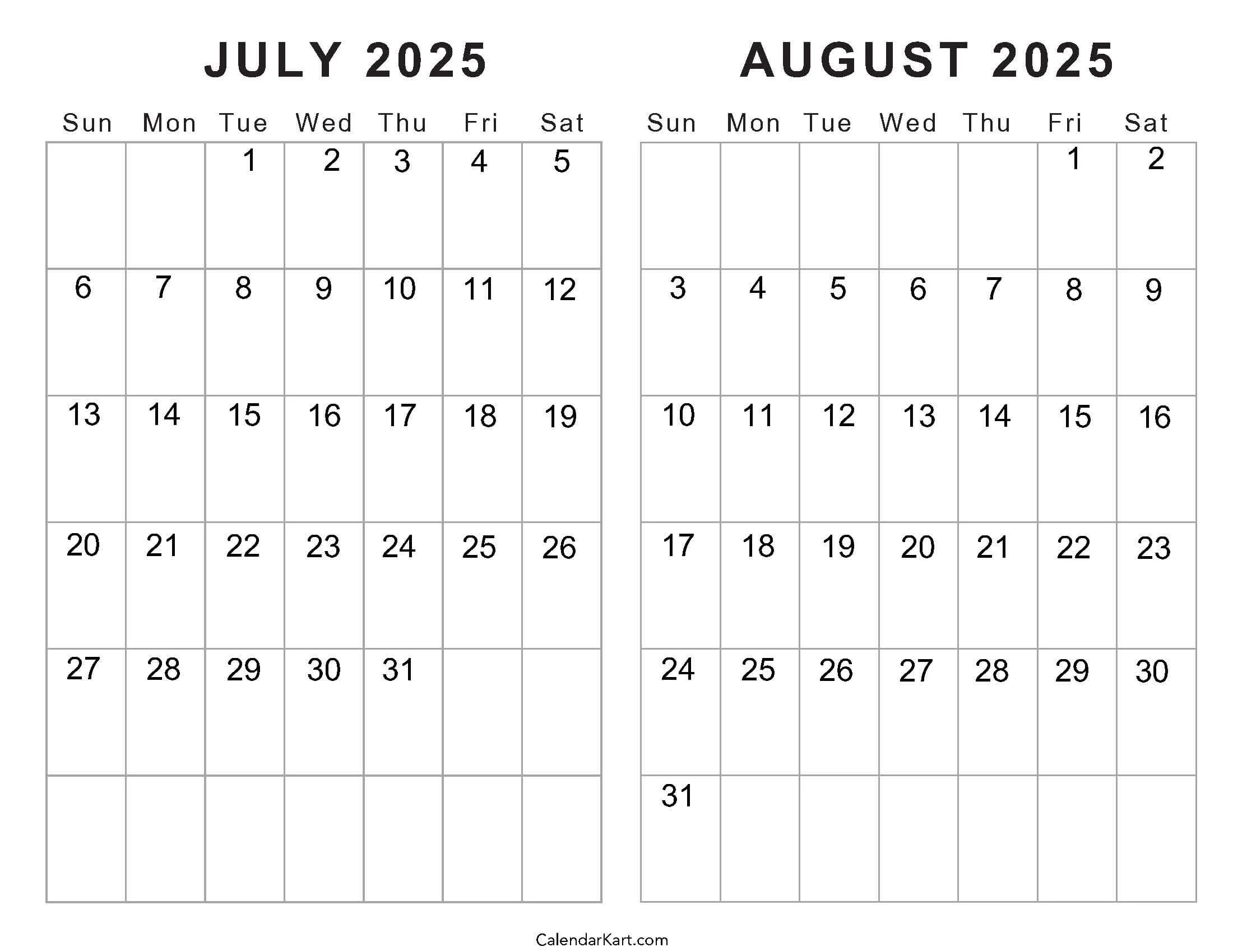 Free Printable July August 2025 Calendar Calendarkart