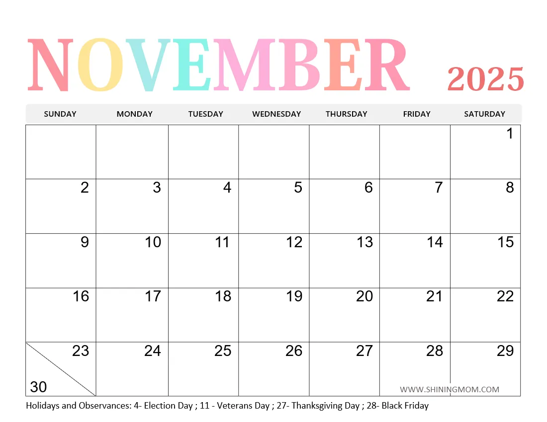 Free Printable November 2025 Calendar With Holidays Awesome Designs 
