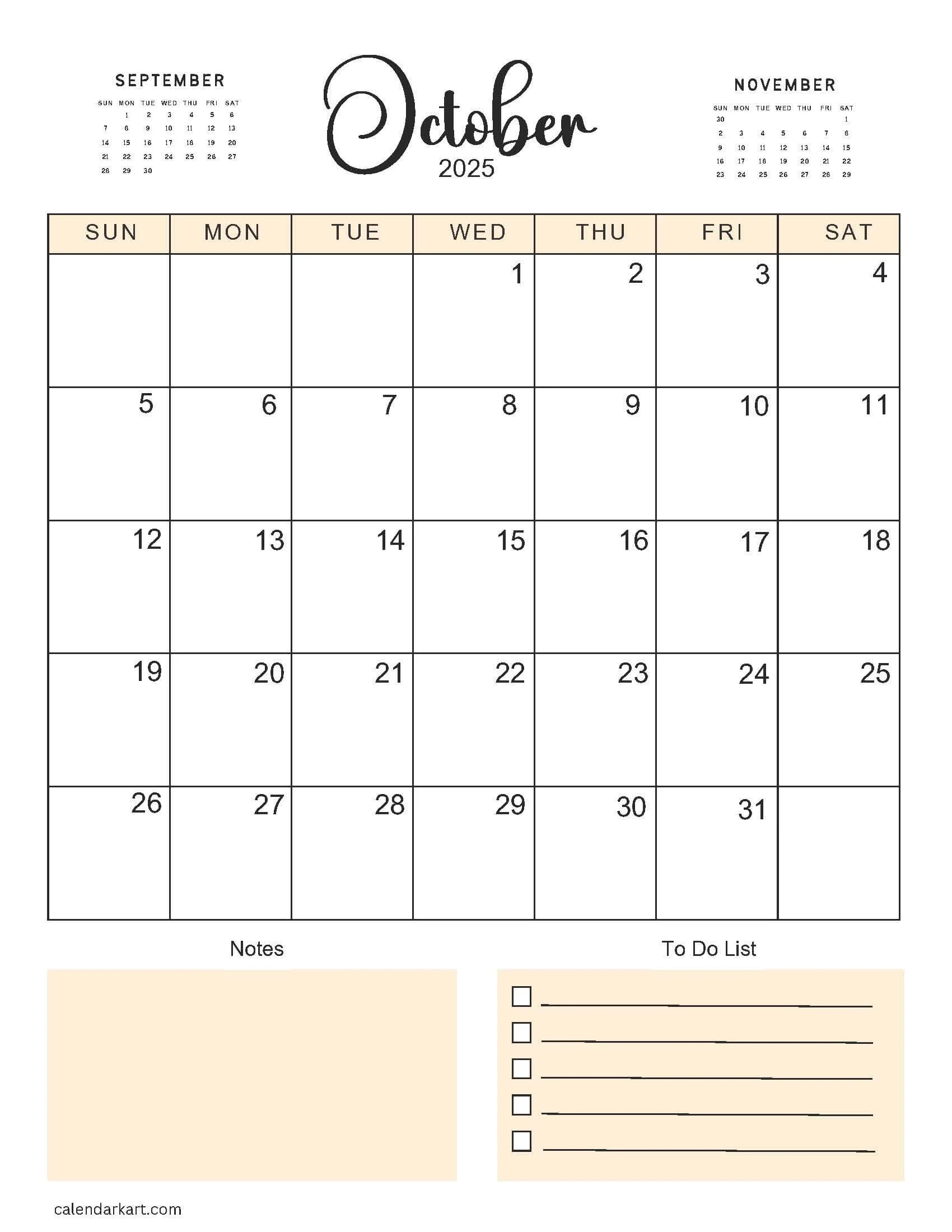 Free Printable October 2025 Calendars Calendarkart