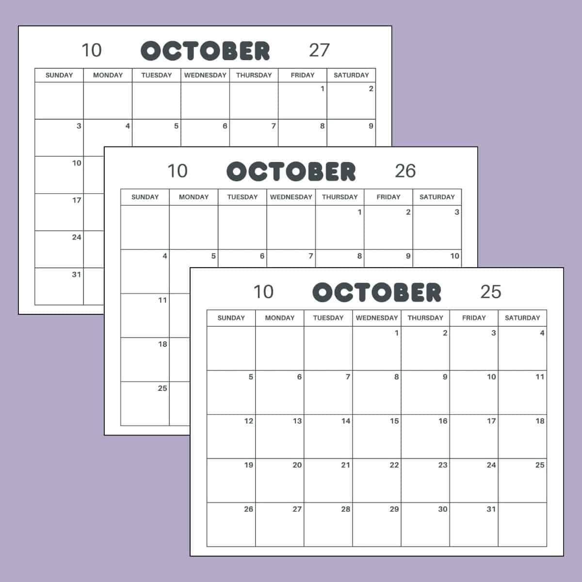 Free Printable October Calendar 2025 2026 2027 PDF Template